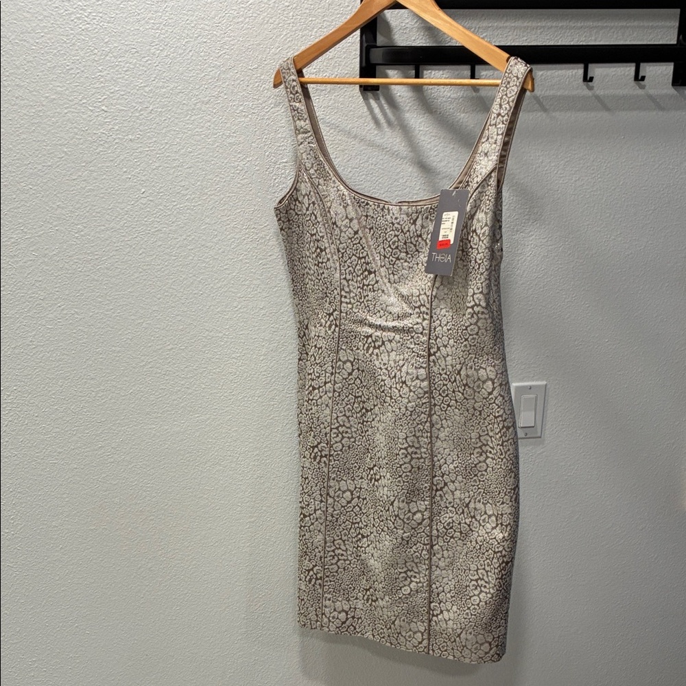 Theia Metallic Taupe Floral Jacquard Mini Dress